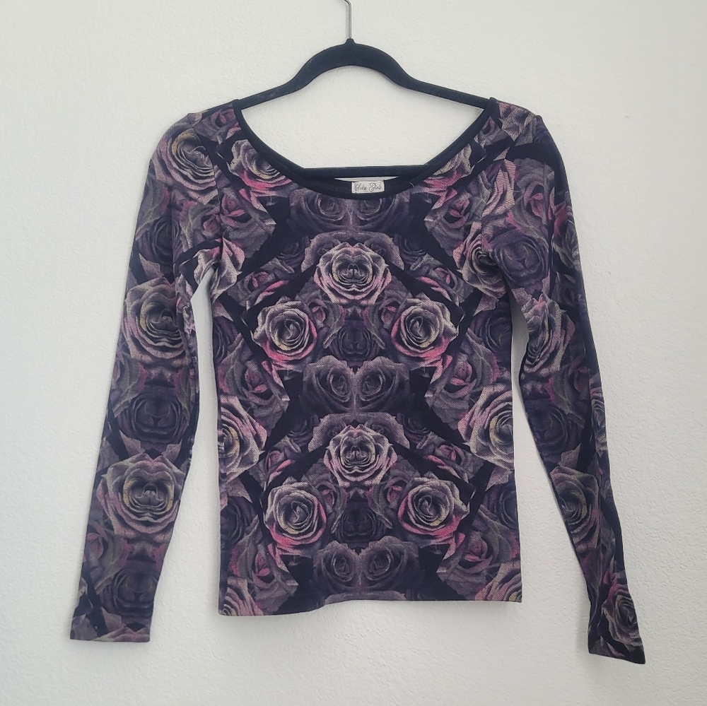 Y2k Grunge Witchy Purple Rose Print Scoop Neck Top Size S